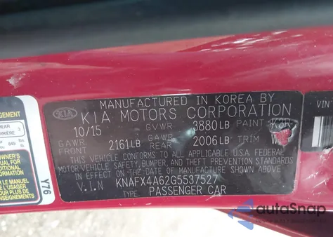 2016 Kia Forte Lx из США, поврежденный, VIN KNAFX4A62G5537527